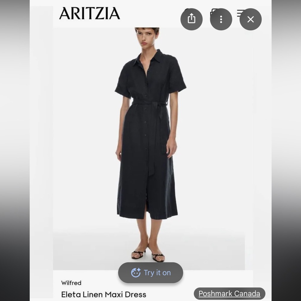Aritzia Wilfred Black Button-Down linen Midi Dress, belted